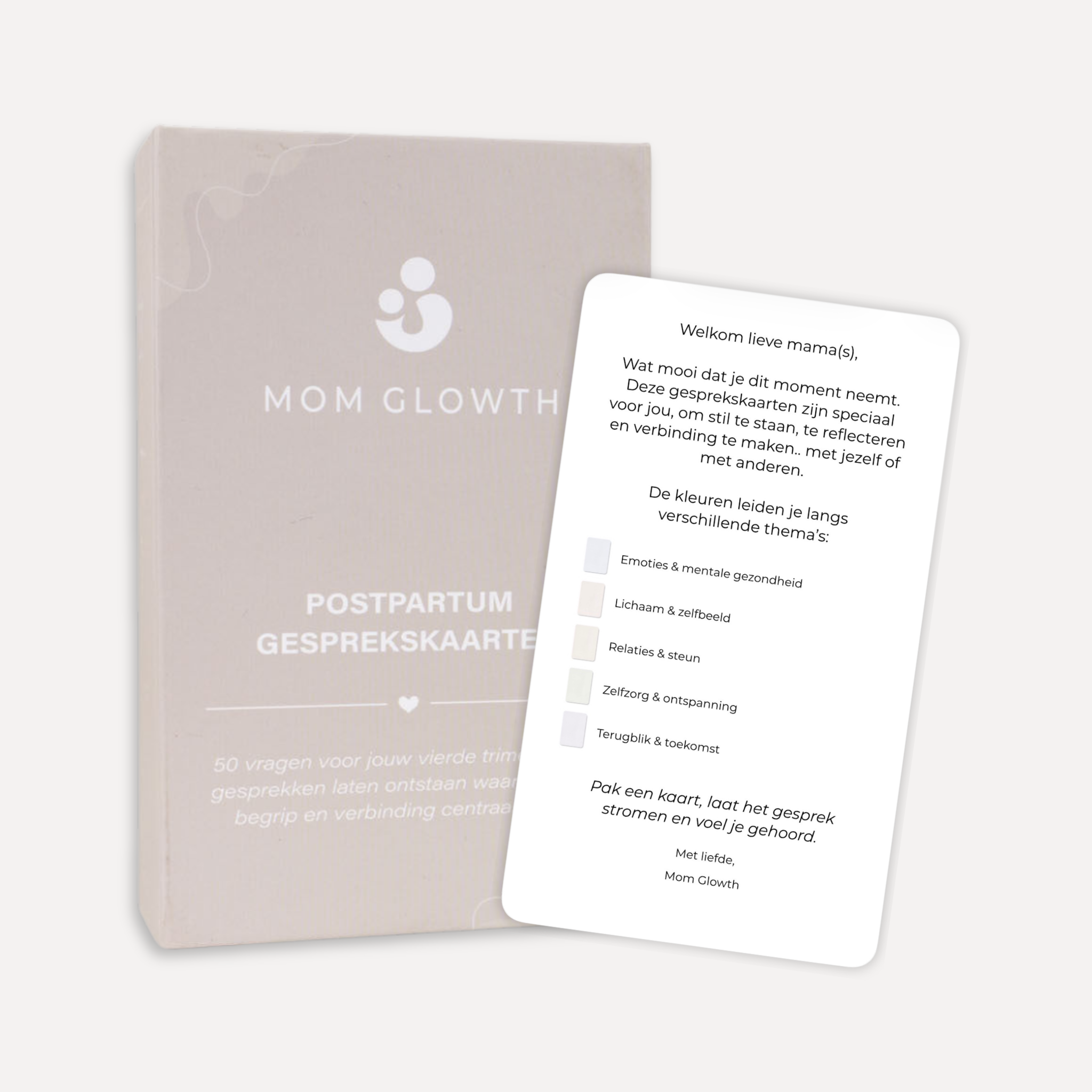 Postpartum gesprekskaarten van Mom Glowth – bewaarbox met magneetsluiting en inleidingskaart met 5 thema's voor het vierde trimester