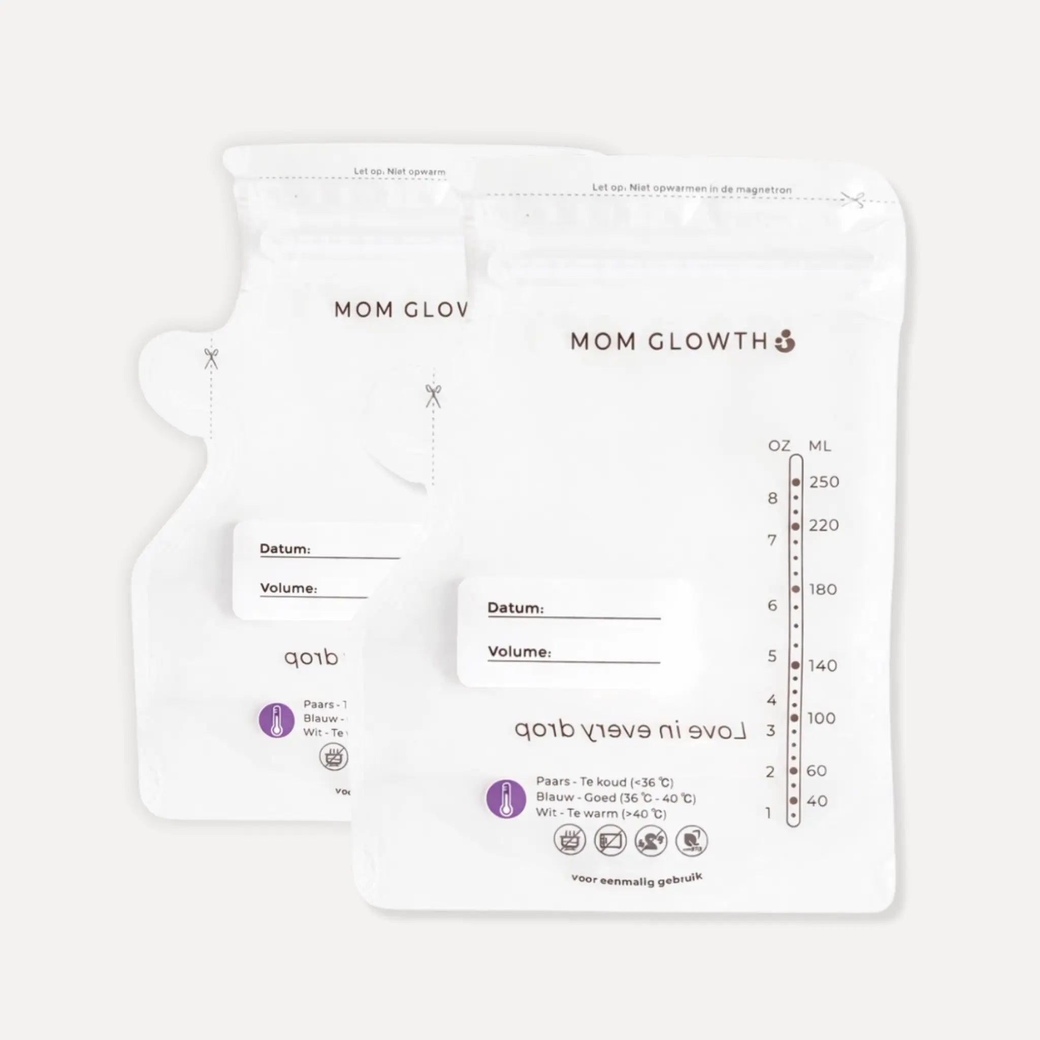 Set van 50 moedermelk bewaarzakjes van Mom Glowth met temperatuurindicator, maatstreepjes tot 250ml en datum/volume veld – BPA-vrij, dubbele lekvrije sluiting