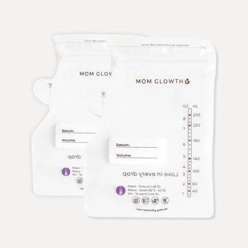 Set van 50 moedermelk bewaarzakjes van Mom Glowth met temperatuurindicator, maatstreepjes tot 250ml en datum/volume veld – BPA-vrij, dubbele lekvrije sluiting